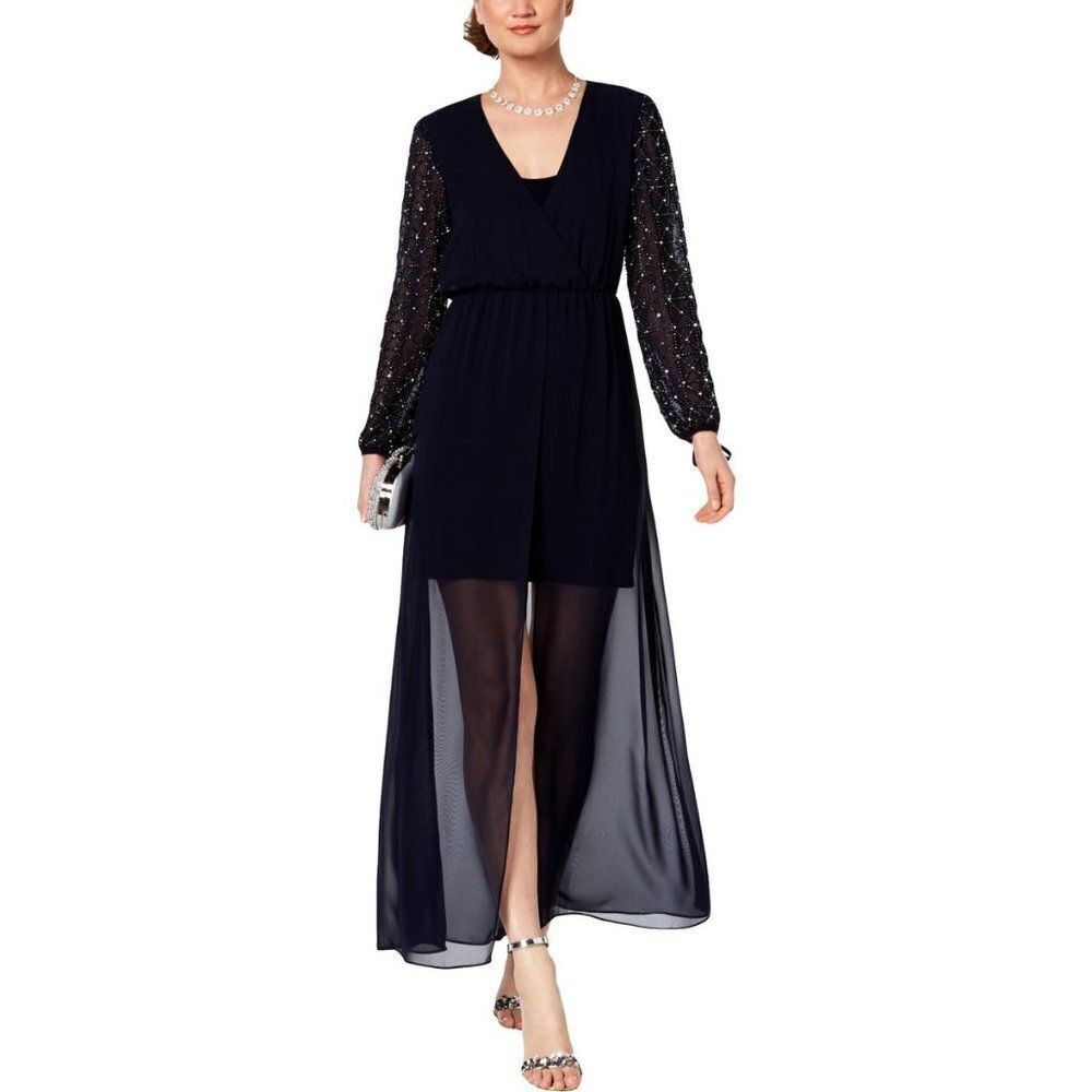 Betsy & Adam Navy Beaded-Sleeve Maxi Dress